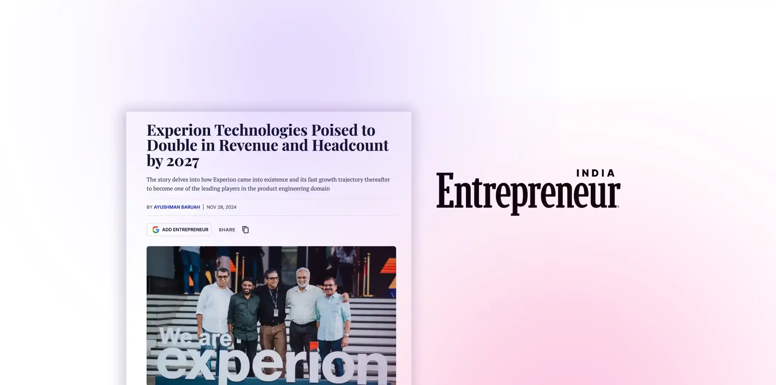 Experion Technologies Featured in Entrepreneur India